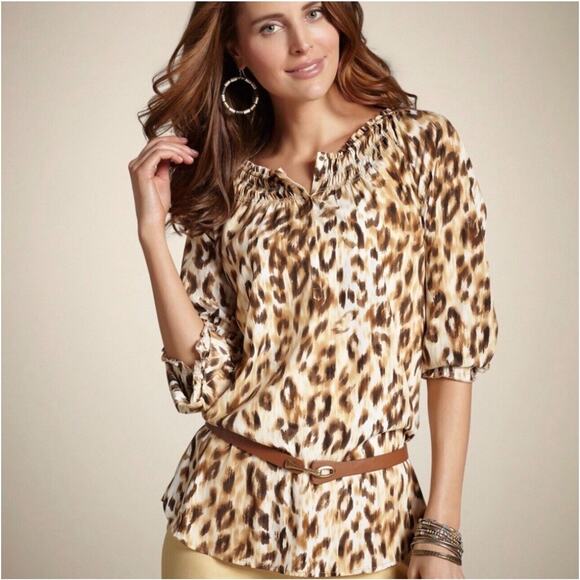 Chico's Leopard Print Peasant Boho Prairie Sheer 3/4 Top Blouse Size 0 (S) - Picture 2 of 11